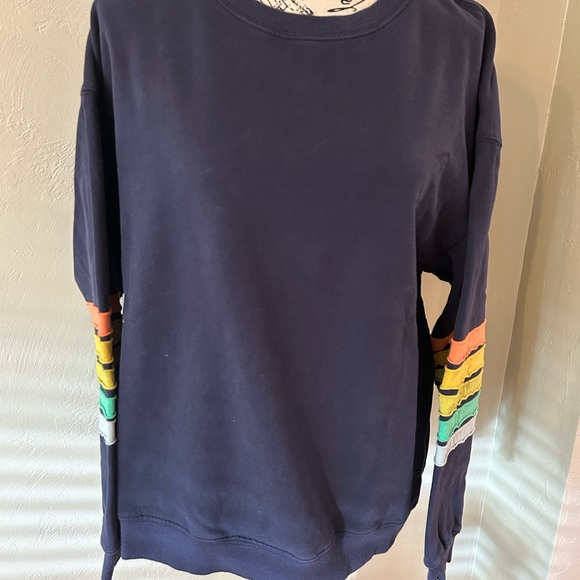 By Together Oversized Navy Sweatshirt with Colorful Striped Sleeves Size M - Picture 2 of 3